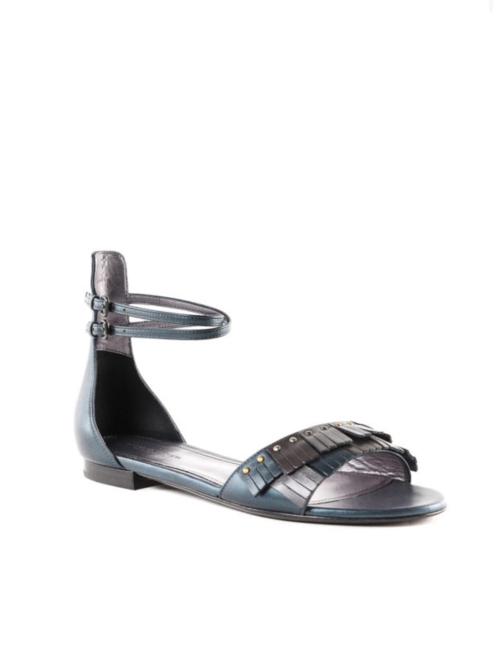 Bottega Veneta Metallic Blue Ankle-Strap Fringe Sandal with Studs, Sz 38